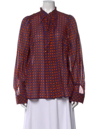 Pre-owned Maison Common Plaid Print Tie Neck Blouse In Orange