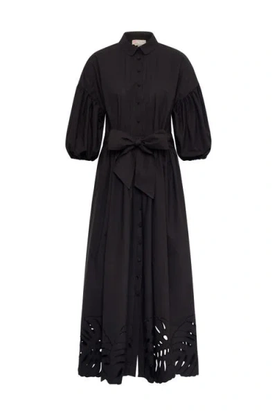Maison Common Poplin Dress With Big Leave Embroidery In Black