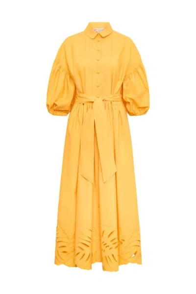 Maison Common Poplin Dress With Big Leave Embroidery In Yellow