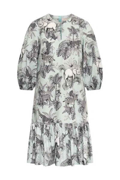 Maison Common Printed Cotton Dress With Ruffles In Blue