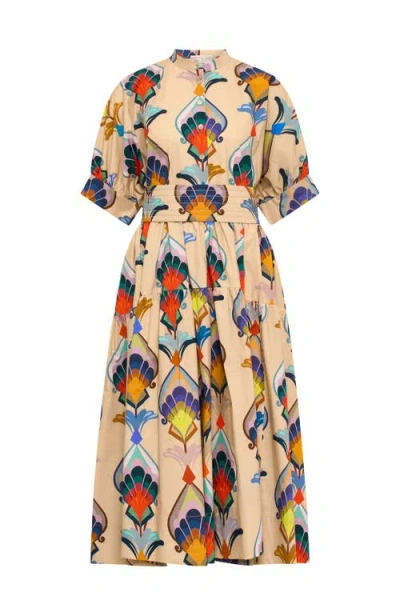 Maison Common Printed Cotton Popelin Dress With Belt In Multi