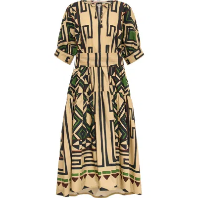 Maison Common Printed Long Cotton Dress With Belt In Multi