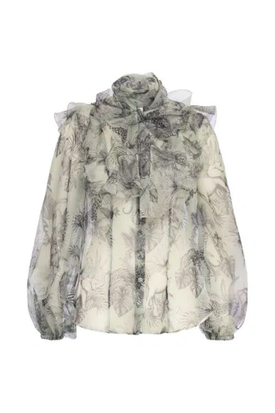 Maison Common Printed Organza Blouse With Ruffles In Mint