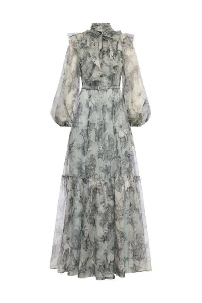 Maison Common Printed Organza Gown In Mint