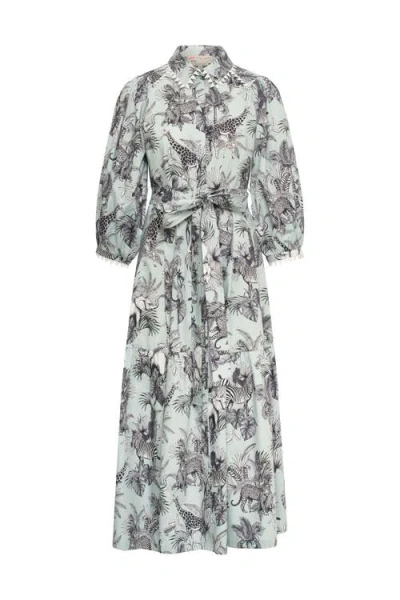 Maison Common Printed Poplin Dress With Macrame Trim In Multi