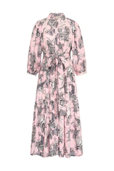 Maison Common Printed Poplin Dress With Macrame Trim In Multi