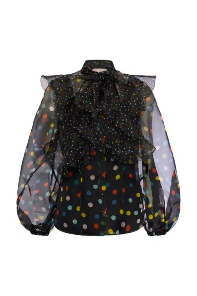 Maison Common Printed Silk Organza Blouse With Flounces Polka Dot Print In Black