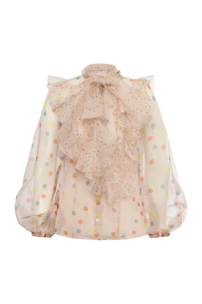 Maison Common Printed Silk Organza Blouse With Flounces Polka Dot Print In Neutral