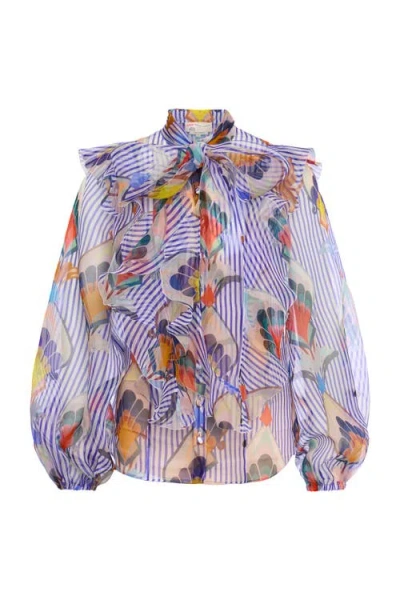 Maison Common Printed Silk Organza Blouse With Flounces Stripes In Multi
