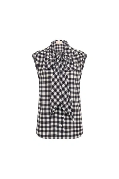 Maison Common Printed Silk Tie Neck Top In Black