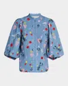 Maison Common Rock And Romance Embroidered Balloon-sleeve Shirt In Blue