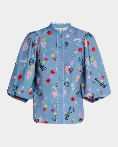Maison Common Rock And Romance Embroidered Balloon-sleeve Shirt In Blue