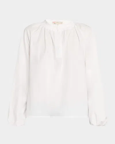 Maison Common Ruched-neck Long-sleeve Cotton Blouse In White