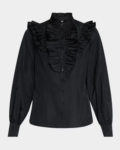 Maison Common Ruffle Long-sleeve Poly Taffeta Blouse In Black