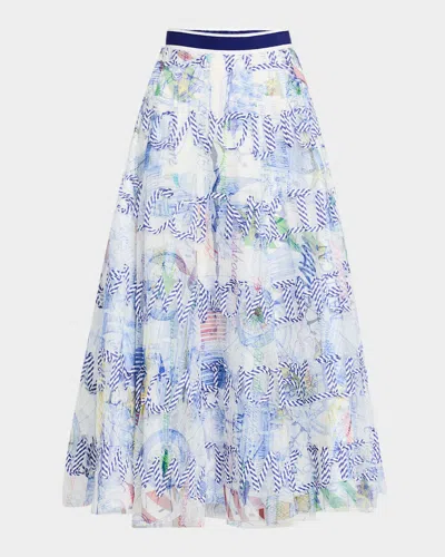 Maison Common Script-embroidered Nautical Tulle Midi Skirt In Open Blue
