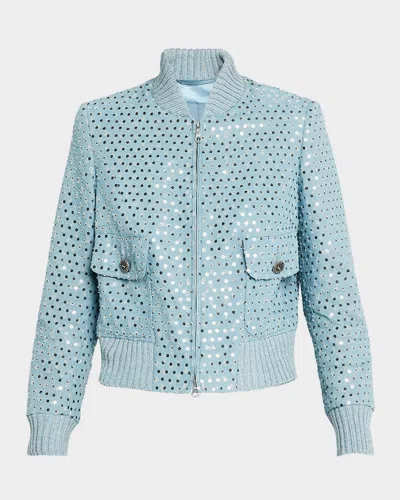 Maison Common Sequin Distressed Denim Bomber Jacket In Light Blue