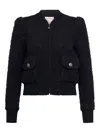 Maison Common Paillette Tweed Bomber Jacket With Metallic Knit Back In Black