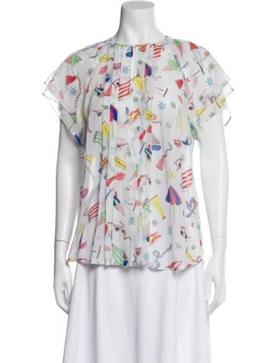 Pre-owned Maison Common Silk Graphic Print Top In White