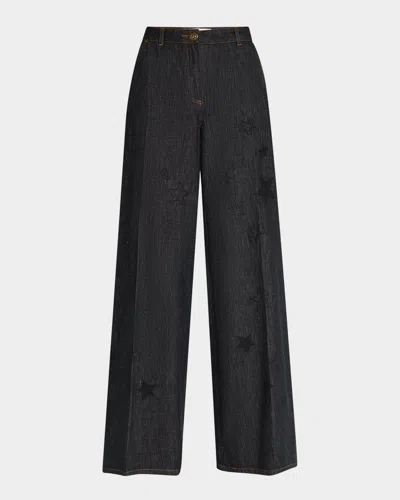 Maison Common Star Embroidered Denim Wide-leg Pants In Black
