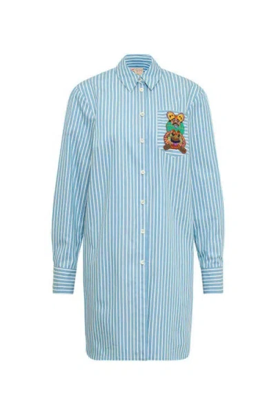 Maison Common Striped Long Shirt With Silk Back In Blue