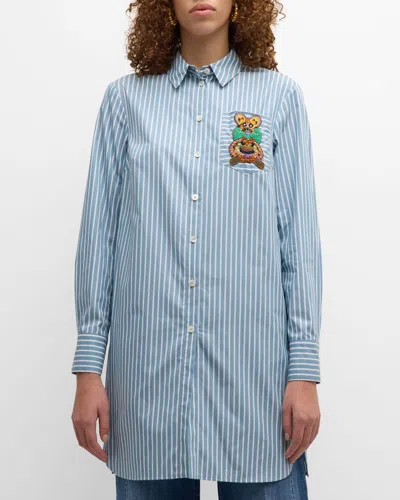 Maison Common Striped Tunic With Abstract Embroidery In Blue