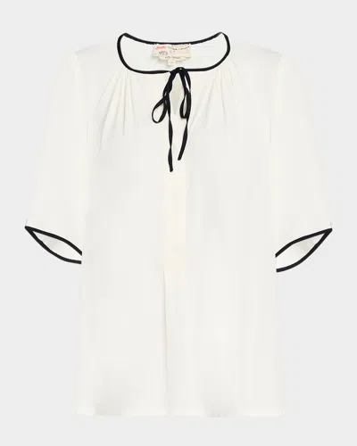 Maison Common Tie-front Short-sleeve Silk Blouse In Navy