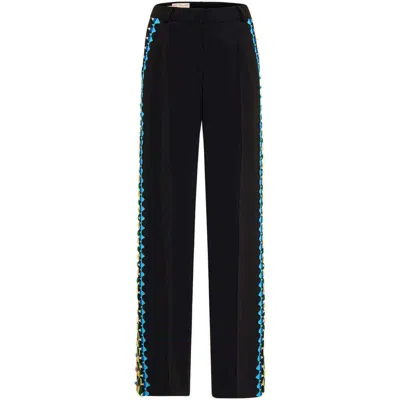 Maison Common Wide Leg Trousers With Macrame Ribbons In Black
