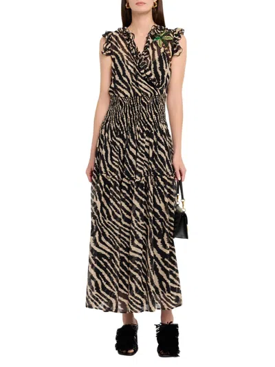 Maison Common Animal-print Smocked Silk Chiffon Maxi Dress In Black