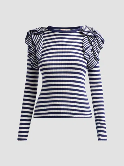 Maison Common Women's Ruffle-shoulder Stripe Cotton Top In Navy