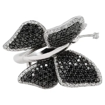 Pre-owned Maison Crivelli Crivelli Butterfly Black & White Diamond Ring 18k White Gold 2.53ctw