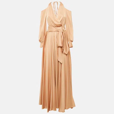 Pre-owned Maison D´angelann Gold Beige Silk Satin Draped Off-shoulder Long Dress M