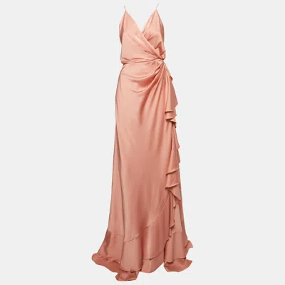Pre-owned Maison De La Sirena Maison D'angelann Pink Satin Ruffled Wrap Long Dress M