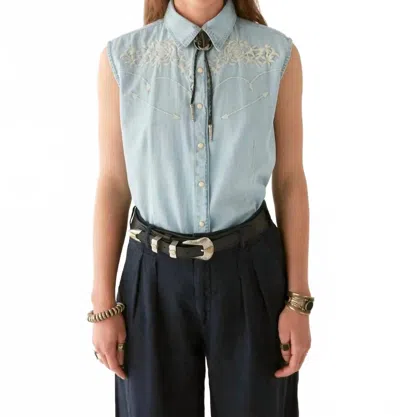 MAISON HOTEL DALLAS COLLARED SLEEVELESS BLOUSE IN MUSTANG BLUE