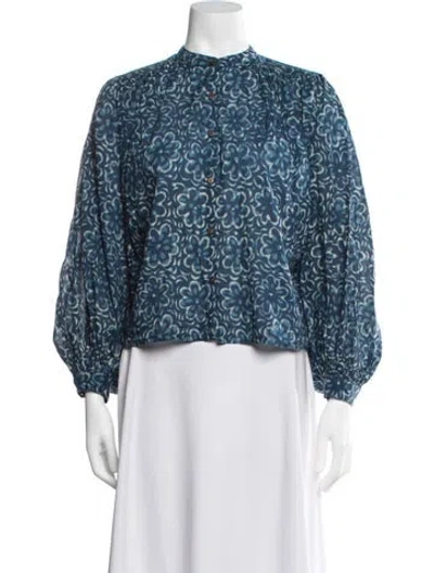 Pre-owned Maison Hotel Floral Print Long Sleeve Blouse In Blue
