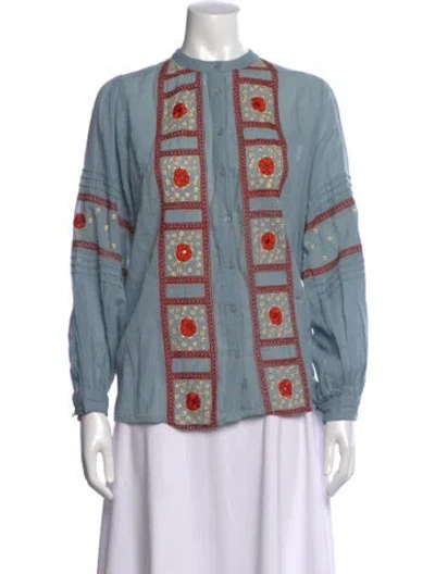 Pre-owned Maison Hotel Floral Print Long Sleeve Blouse W/ Tags In Blue