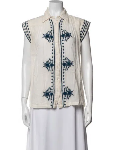 Pre-owned Maison Hotel Floral Print Sleeveless Button-up Top In White