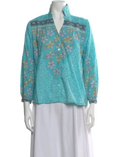 Pre-owned Maison Hotel Floral Print V-neck Blouse In Blue