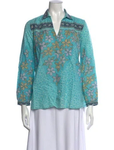Pre-owned Maison Hotel Floral Print V-neck Blouse In Blue
