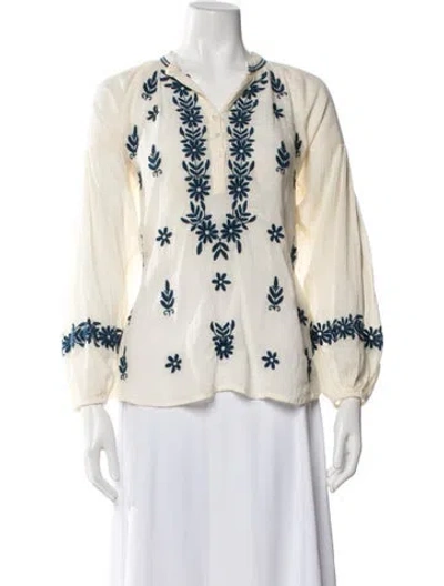 Pre-owned Maison Hotel Floral Print V-neck Blouse W/ Tags In White