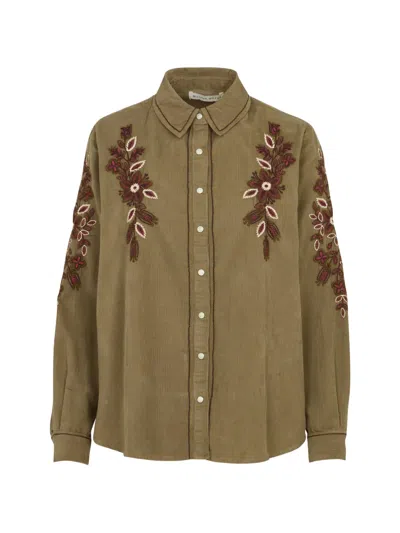 Maison Hotel Kafka Floral-embroidered Corduroy Shirt In Green