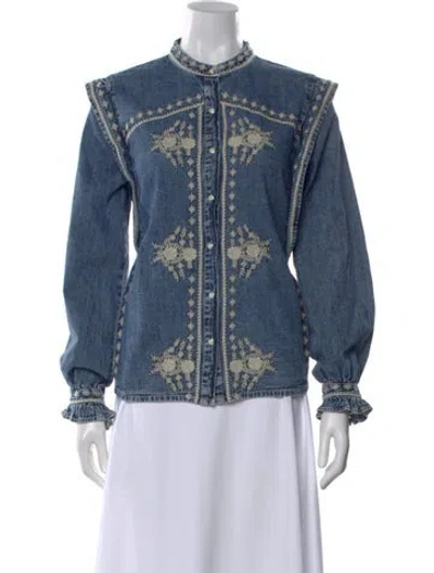Pre-owned Maison Hotel Patterned Crew Neck Button-up Top In Blue