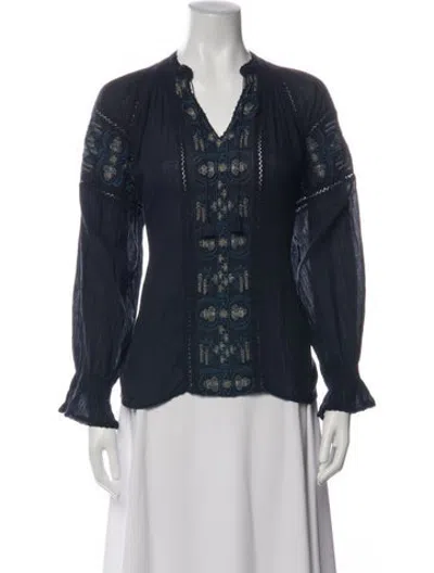Pre-owned Maison Hotel Printed V-neck Blouse In Blue