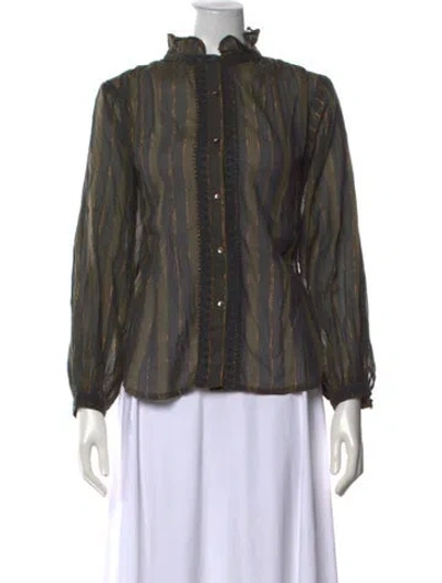 Pre-owned Maison Hotel Striped Long Sleeve Blouse In Green
