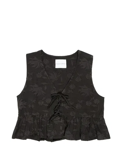 Maison Hotel Zhou Floral-embroidered Ruffled Vest In Black