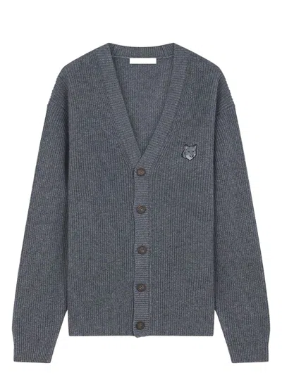 Maison Kitsuné Men's Ribbed Cardigan In Gray