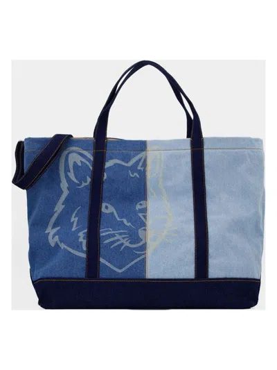 Maison Kitsunã© Women's Fox Head Denim Weekender Shopper Bag In Blue
