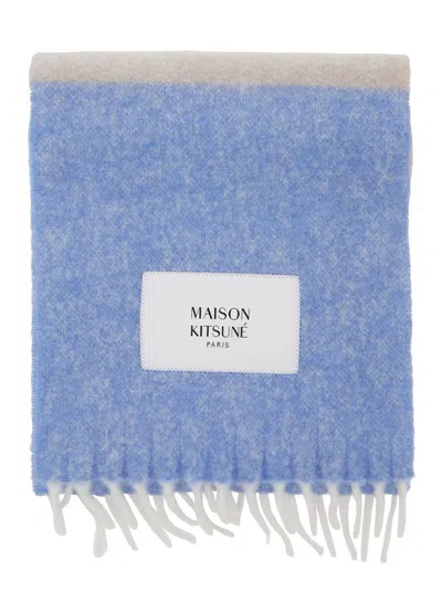 Maison Kitsuné Logo-patch Fringed Scarf In Blue