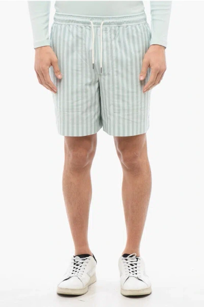 Maison Kitsuné Awning Striped Cotton Shorts With Frontal Maxi Pockets In Ice Blue Stripes