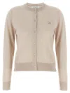 Maison Kitsuné Beige Cropped Cardigan With Round Neck And Logo Embroidery On The Front In Wool Woman