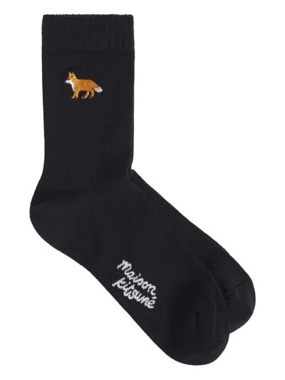 Maison Kitsuné Ankle Socks With Embroidered Fox Design In Blue